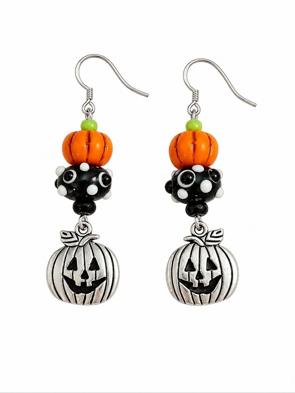 HANDMADE Halloween Lampwork Czech Glass Pumpkin Dangle Hook Earrings